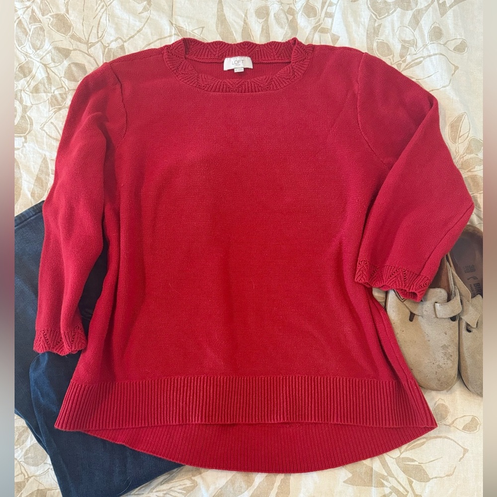 Loft red crew neck sweater with pretty cutout details. 3 quarter sleeves. Sz XL